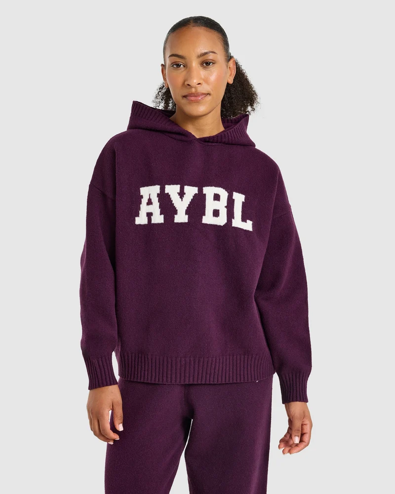 Varsity Oversized Knitted Hoodie - Plum