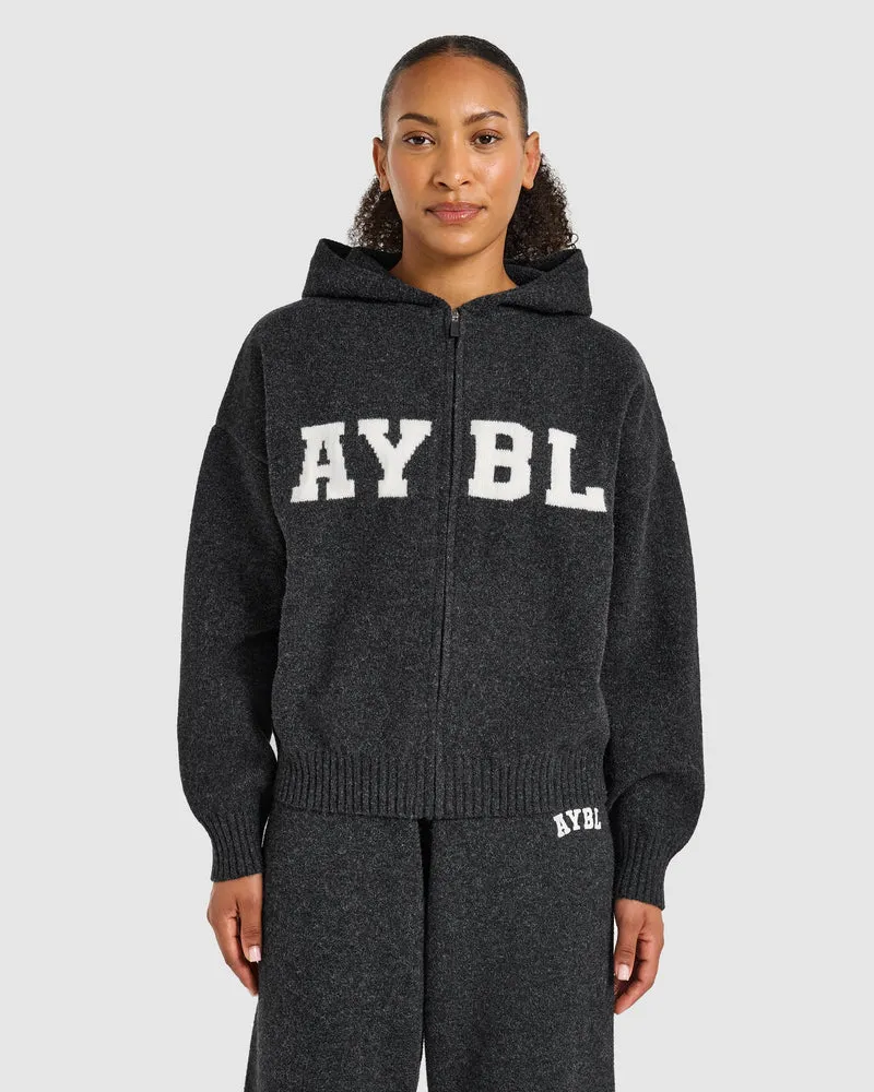 Varsity Oversized Knitted Zip Up Hoodie - Charcoal
