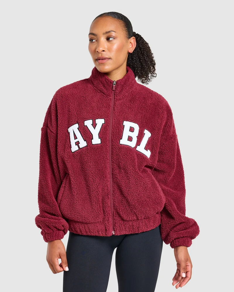 Varsity Oversized Fleece Zip Up Jacket - Mahogany Rood