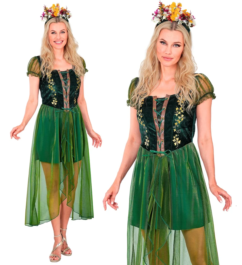 Woud koningin jurk dames groen met bloemenhaarband