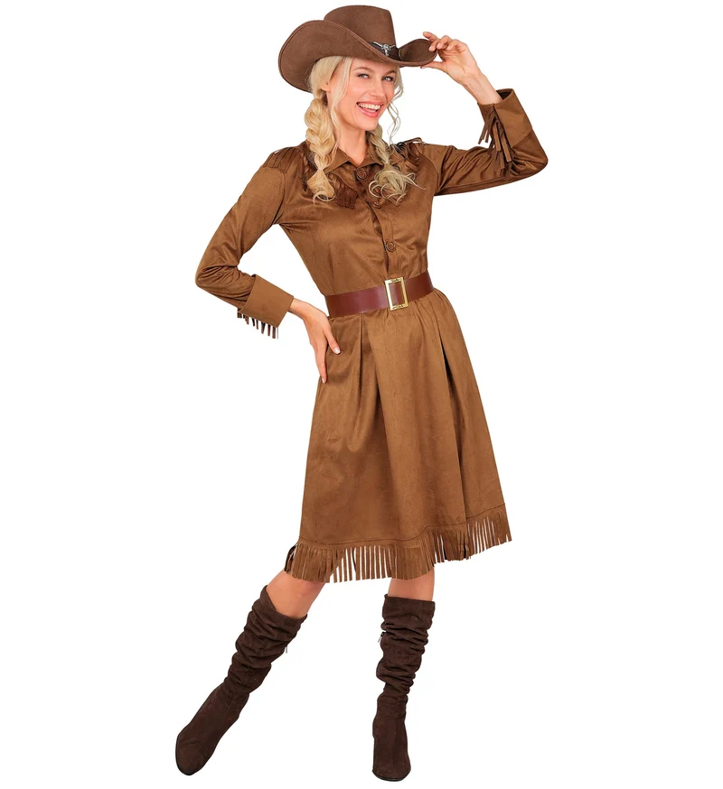 Western girl jurk dames bruin met franjes en riem
