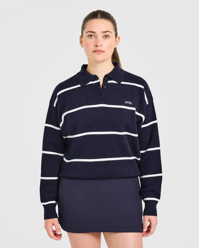 Signature Relaxed Knitted Polo - Navy/Wit