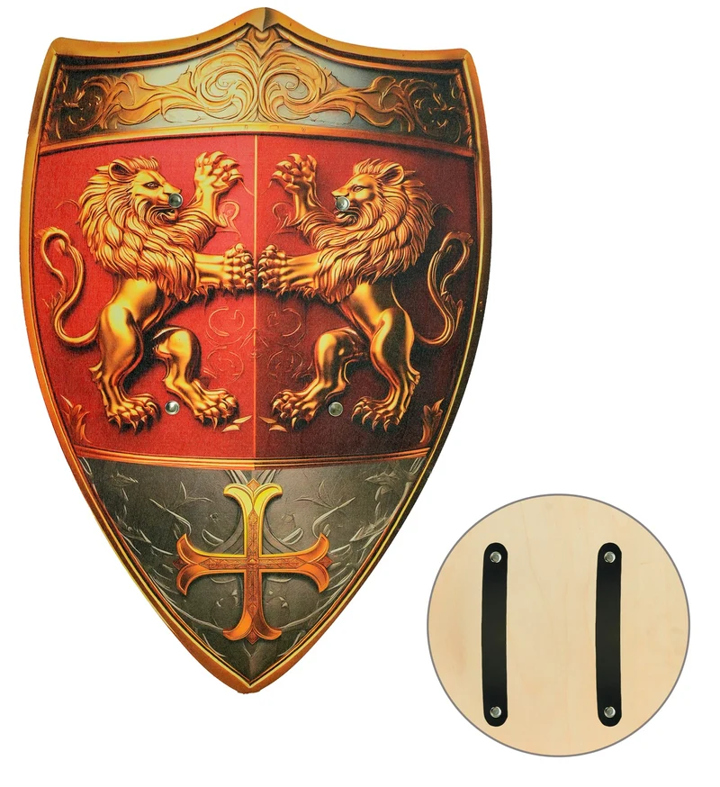 Ridderschild Lionheart hout rood met gouden leeuwen jongens