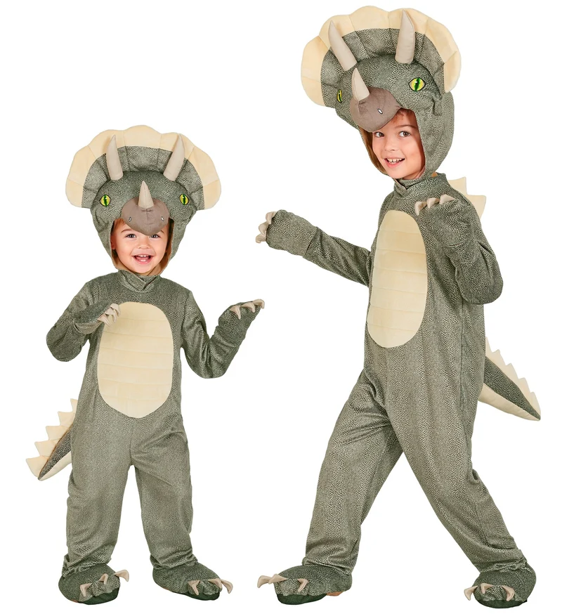 Triceratops jumpsuit jongens grijsgroen met staart en kap