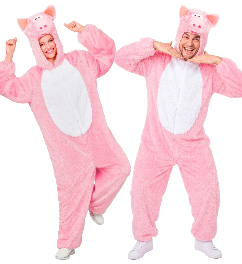 Varkenspak roze pluche jumpsuit met capuchon volwassenen