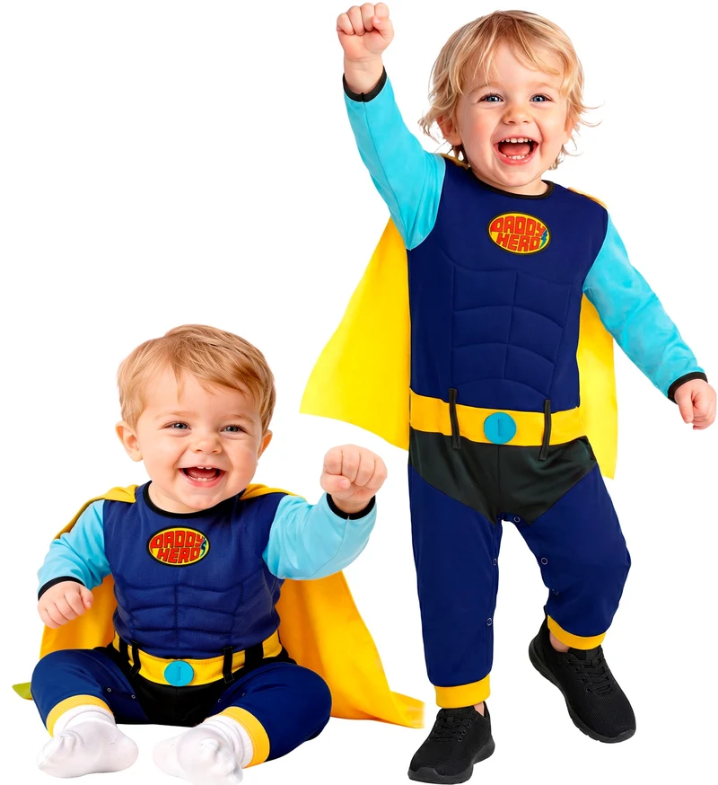 Superheldenpak baby jongens blauw met gele cape