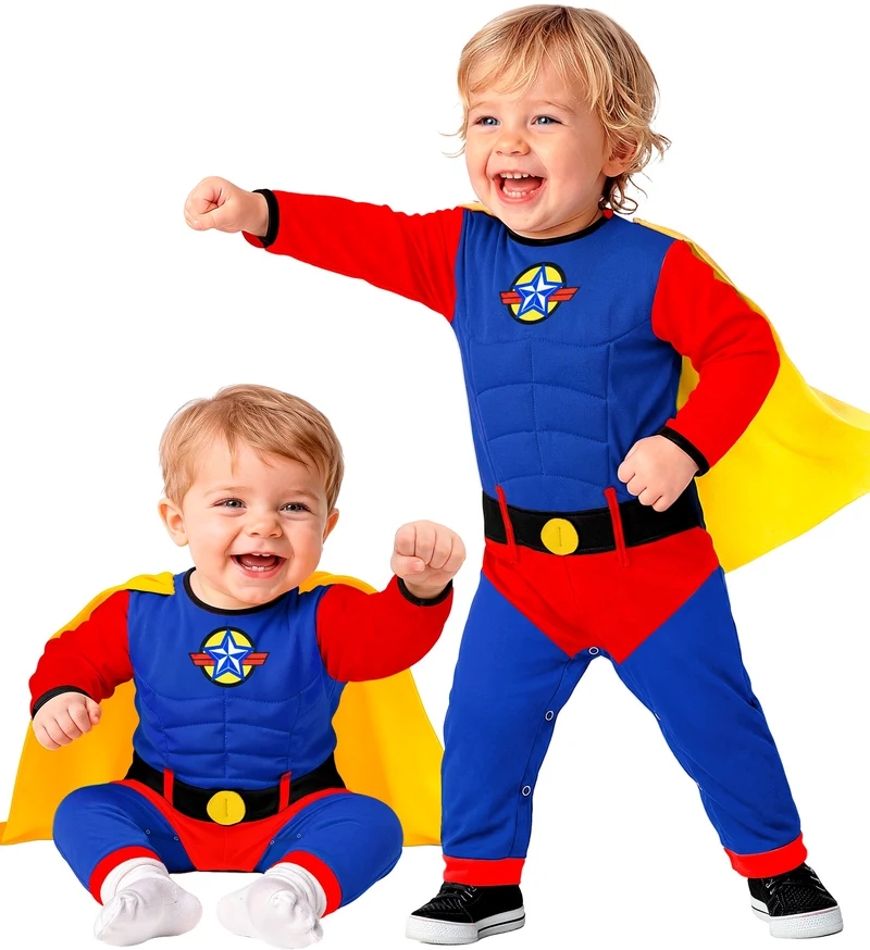 Superheld babypakje blauw met gele cape voor jongens