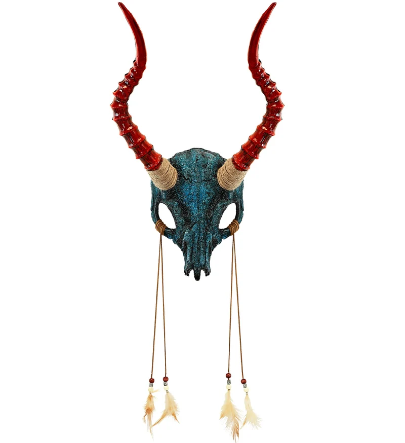 Sjamaan masker stierenschedel blauw met rode hoorns en veren