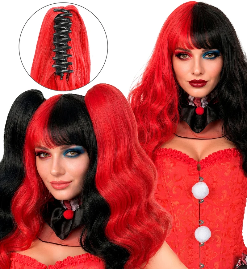 Harlekijnpruik dames rood-zwart met haarextensions