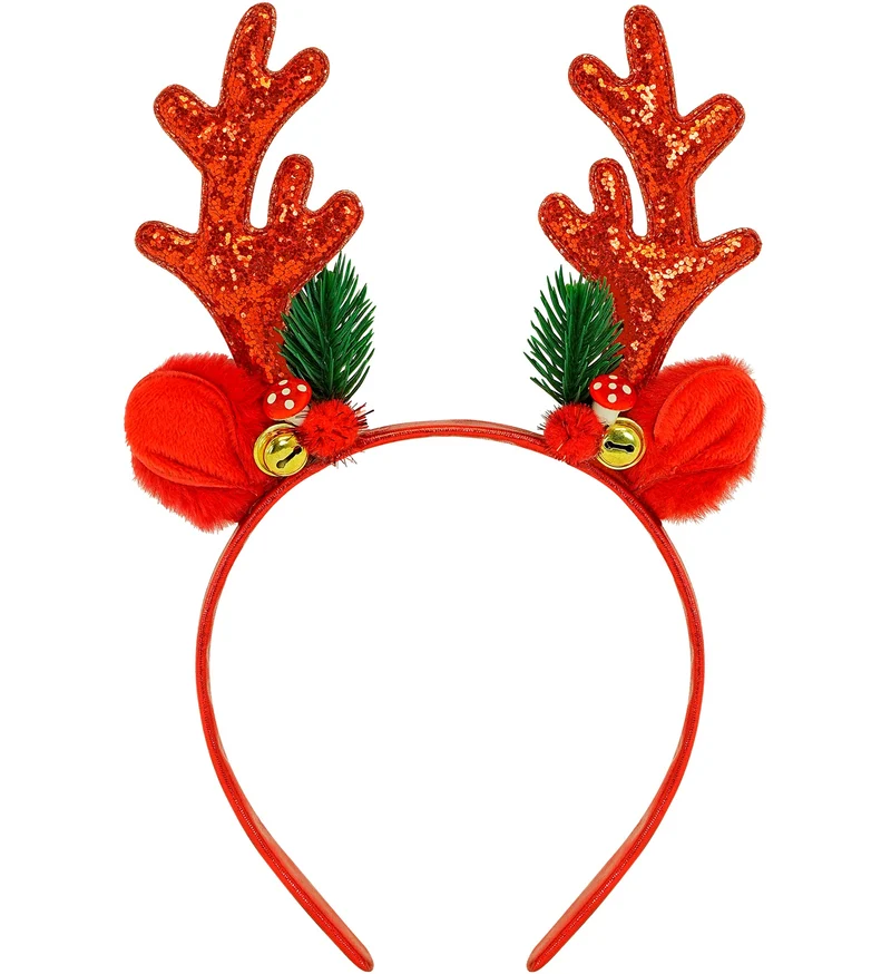 Rendier hoofddeksel glitter rood met belletjes dames en heren