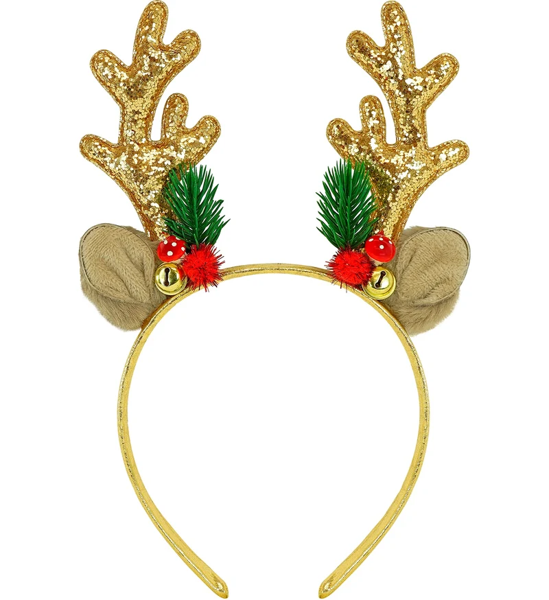 Rendier hoofddeksel glitter goud met belletjes en oren