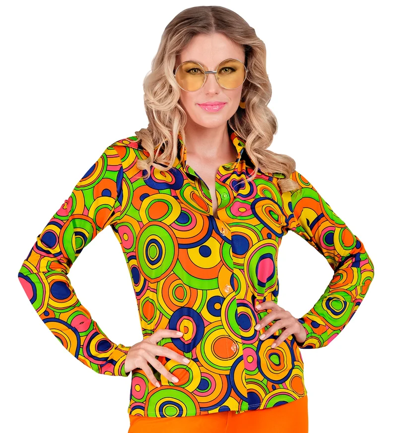 Jaren 70 shirt groovy cirkels dames