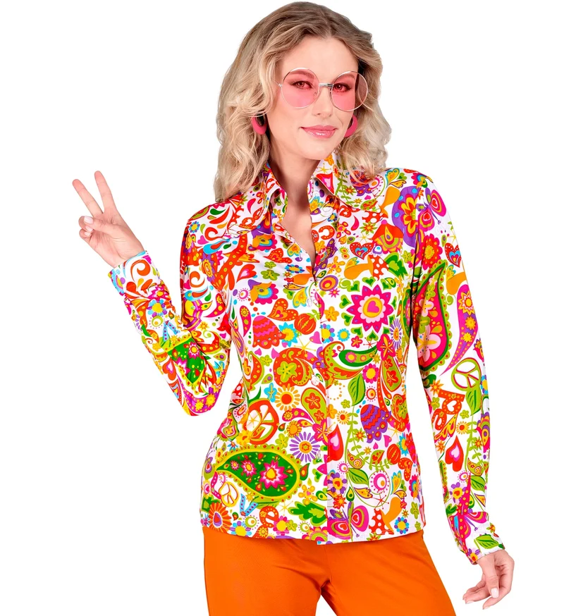 Jaren 70 shirt peace party dames