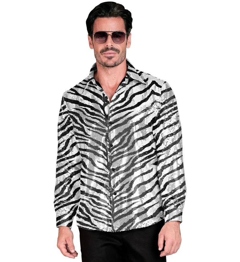 Paillettenshirt zebra heren zwart/wit