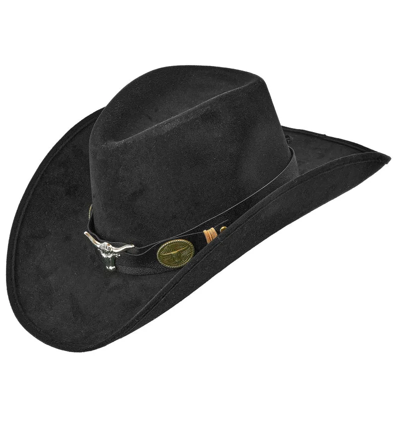 Cowboy hoed Dallas zwart suedelook met stierenkop