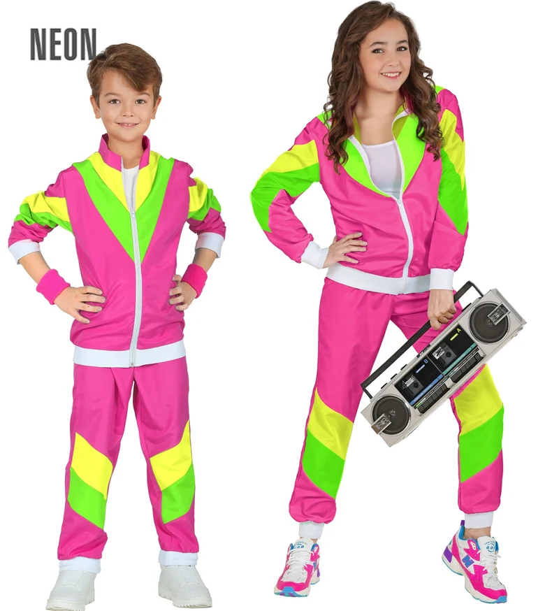 Jaren 80 trainingspak kinderen neonroze met groen