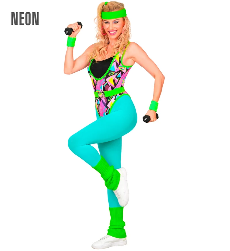 Jaren 80 aerobic kostuum dames neon vijfdelig