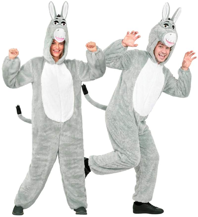 Ezel jumpsuit pluche grijs met capuchon en masker