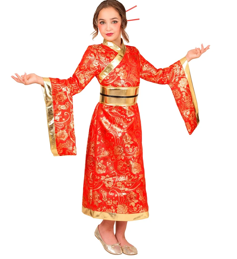 Kimono jurk meisjes rood met gouden bloemenprint