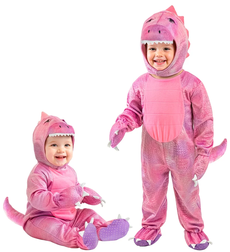 Dinosaurus roze jumpsuit met kap en staart voor meisjes