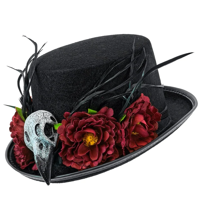 Hoge hoed voodoo zwart met gierschedel en rode bloemen