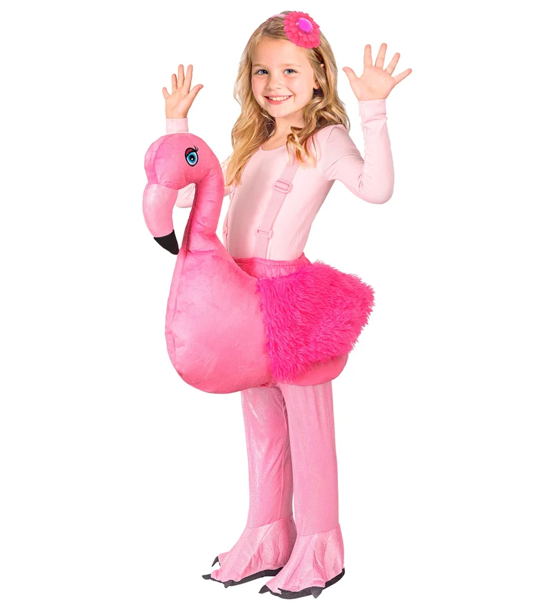Flamingo ride-on kostuum meisjes roze met hoofddeksel