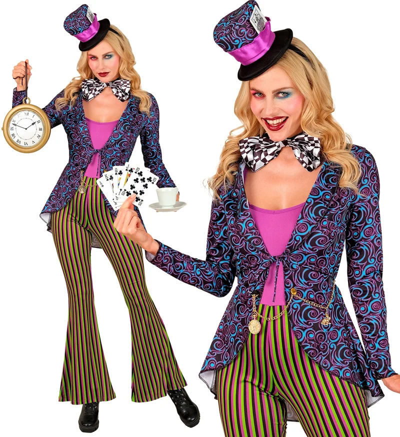 Gekke Hatter kostuum dames colbert jumpsuit hoed strikje