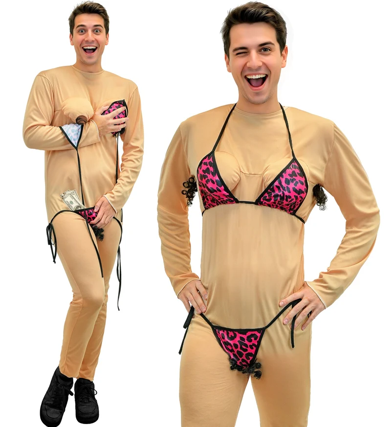 Gemene stripper jumpsuit heren met roze luipaardbikini