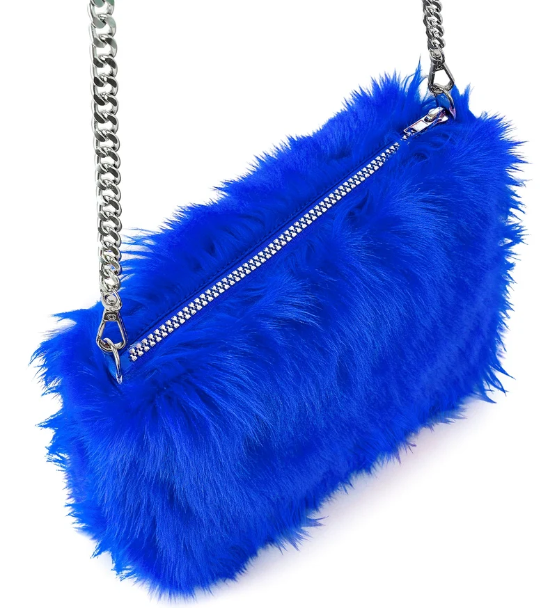 Handtas pluche blauw met zilveren ketting dames