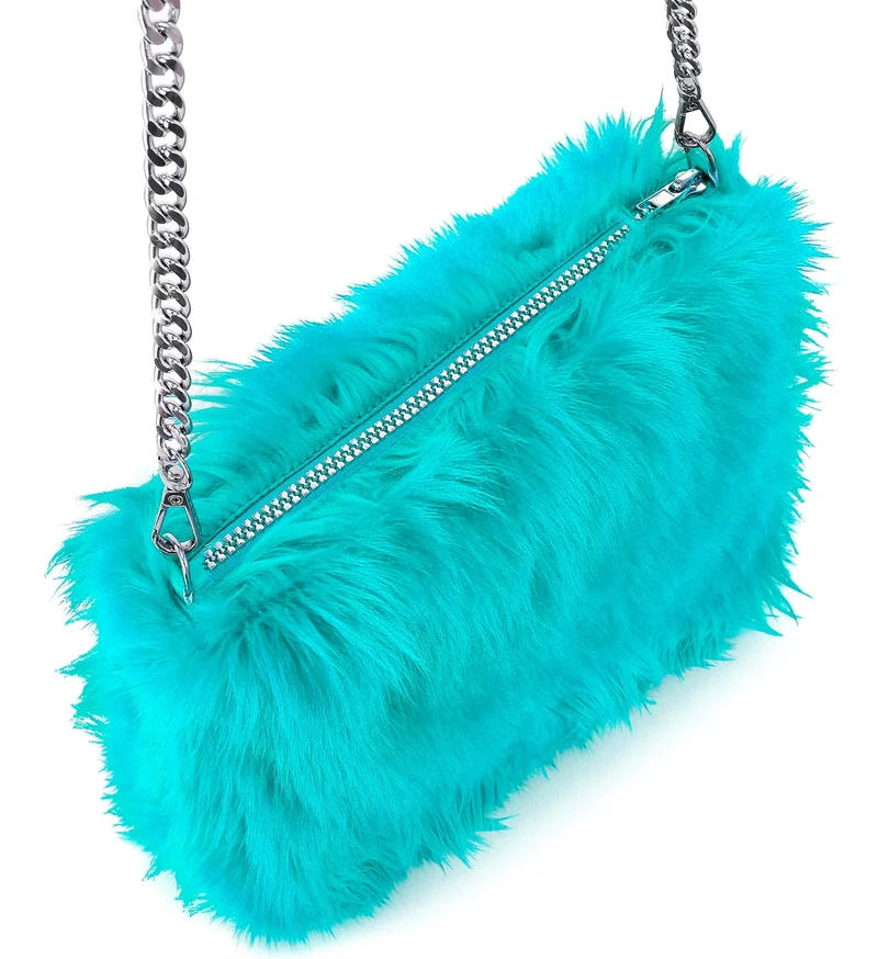 Handtas pluche azuurblauw met zilveren ketting dames