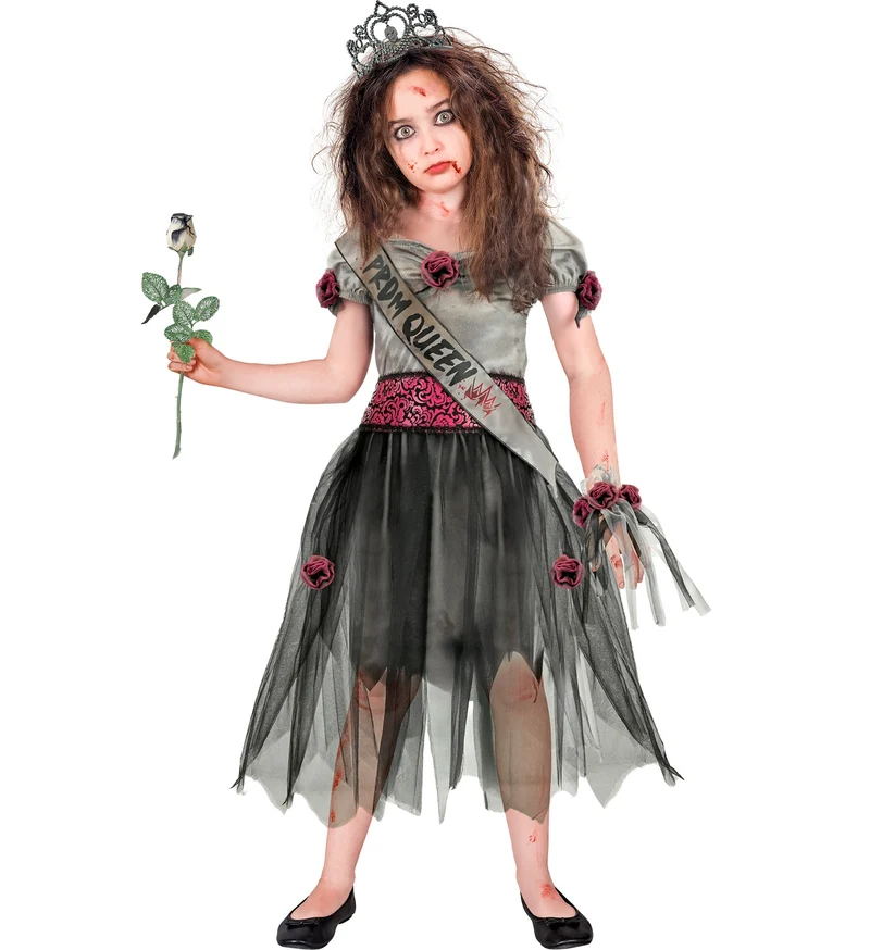 Zombie gala koningin jurk meisjes grijs met tiara en sjerp