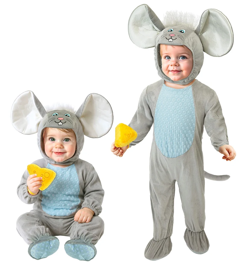 Muis jumpsuit kinderen grijs met kap, staart en kaasje