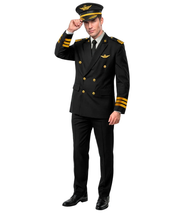 Pilotenkostuum heren zwart met goud 3-delig