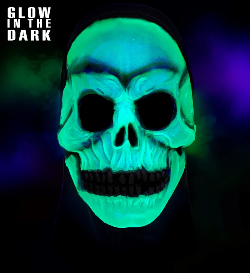 Schedelmasker met capuchon glow in the dark latex heren