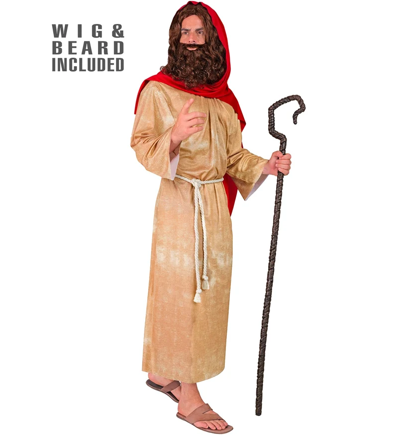 Messias tuniek heren goud met rode sjaal, pruik en baard
