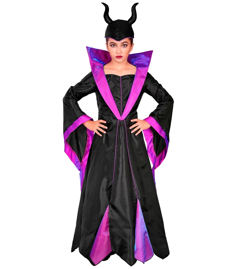 Malefica jurk meisjes zwart met hoofddeksel en petticoat