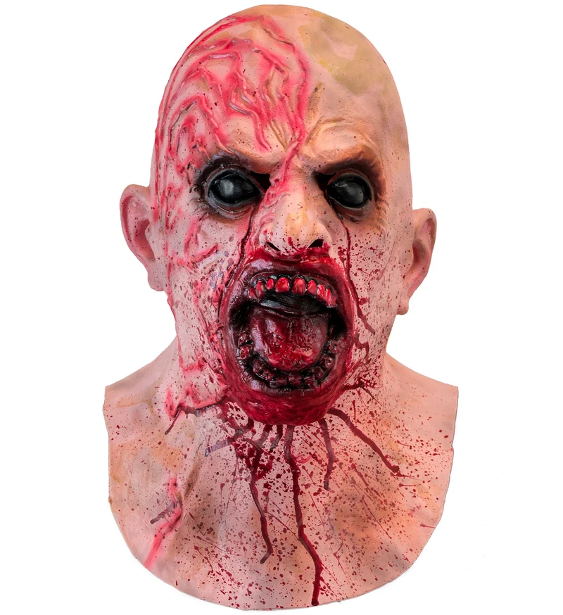 Latex hoofdmasker zombie met bloederig halsstuk heren