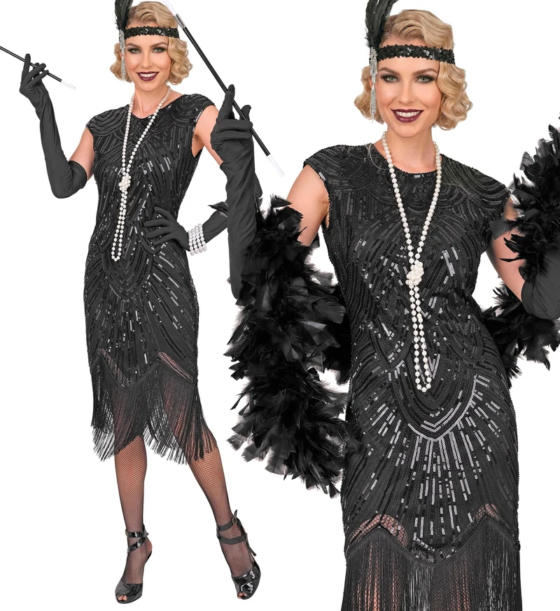 Gatsby flapper jurk zwart met franjes en pailletten dames