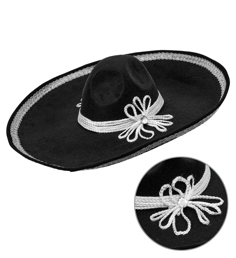 Sombrero El Charro zwart met zilveren band volwassenen