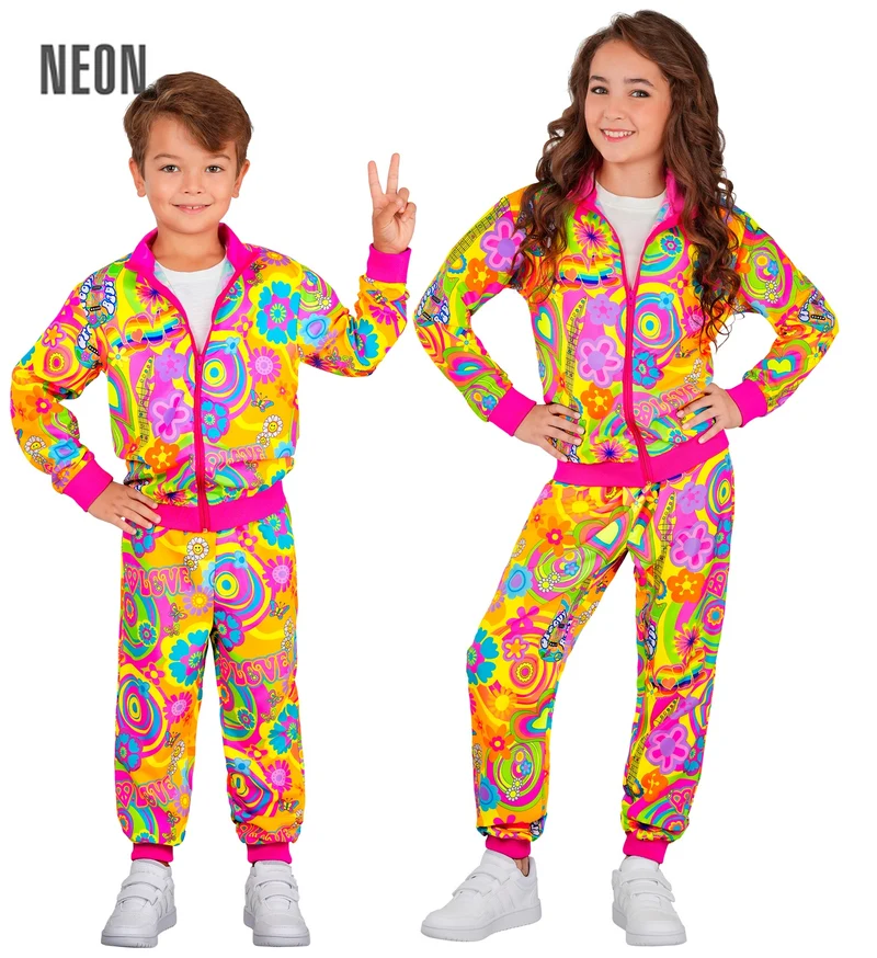 Hippie trainingspak kinderen neon flowerpower 2-delig
