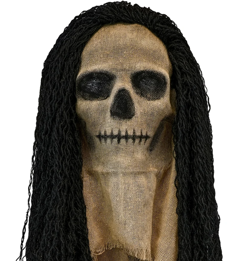 Schedelmasker met cape en lang zwart haar voor heren