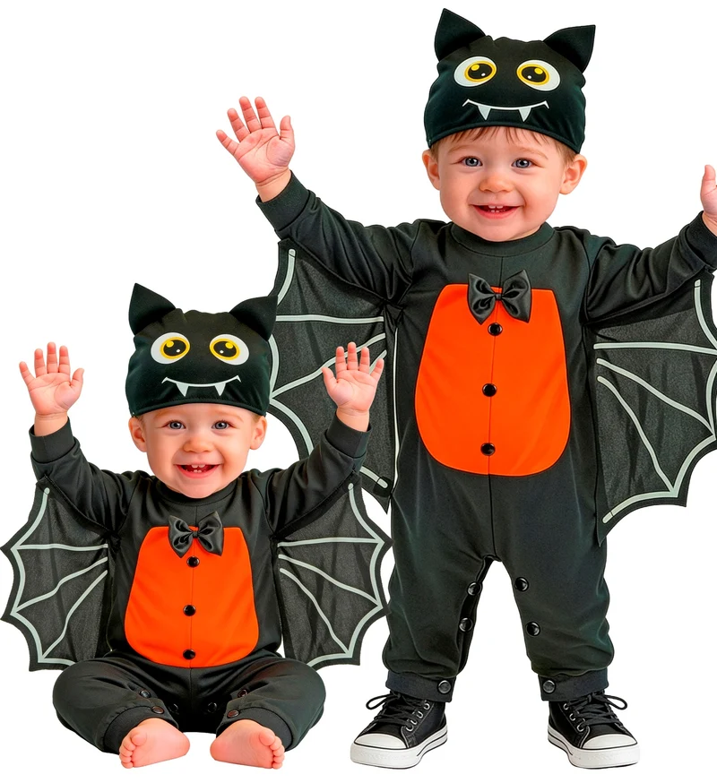 Vleermuis jumpsuit jongens zwart met vleugels en muts