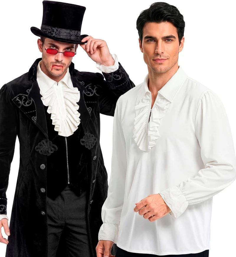 Jabotshirt wit heren met rouches en kanten manchetten