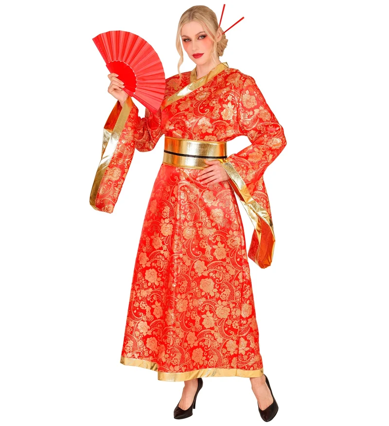 Kimono jurk dames rood met gouden bloemenprint