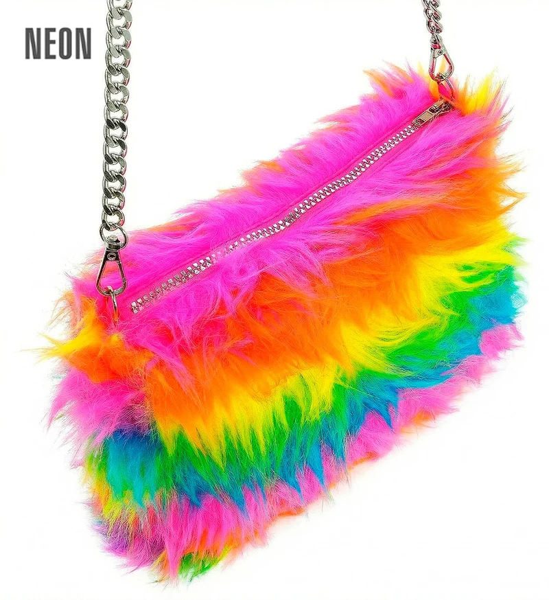 Handtas neon regenboog pluche met kettinghengsel dames