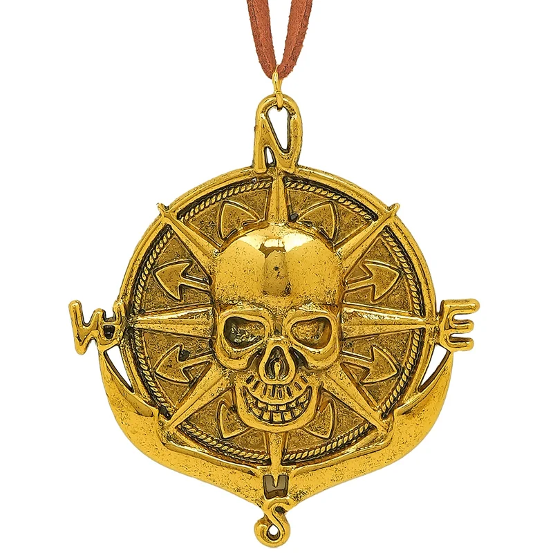 Ketting piraten medaillon goud met schedel en kompasroos