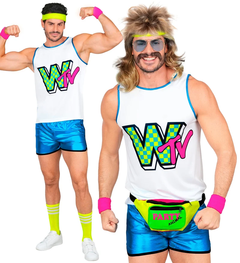Jaren 80 aerobic kostuum heren neon 5-delig