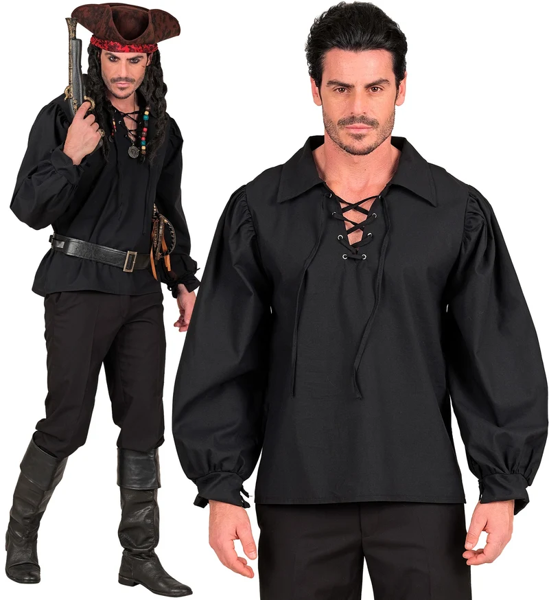 Piratenshirt zwart heren met veterhals en pofmouwen