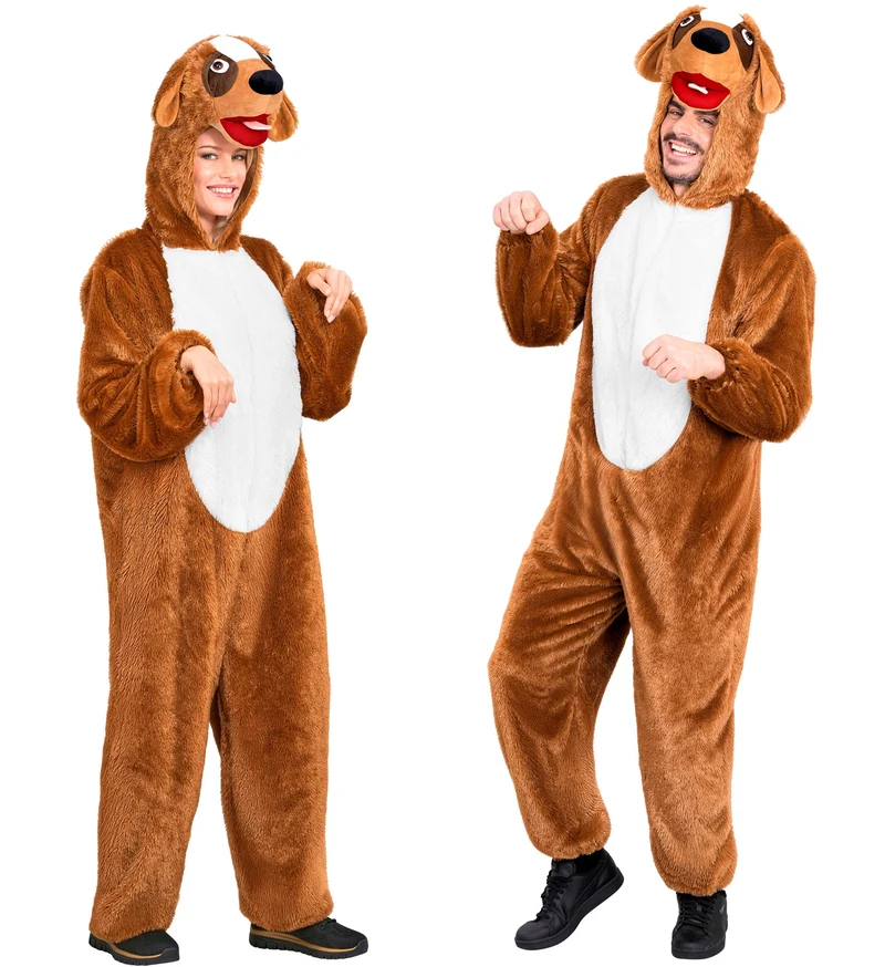 Hondenpak volwassenen bruin pluche jumpsuit met masker