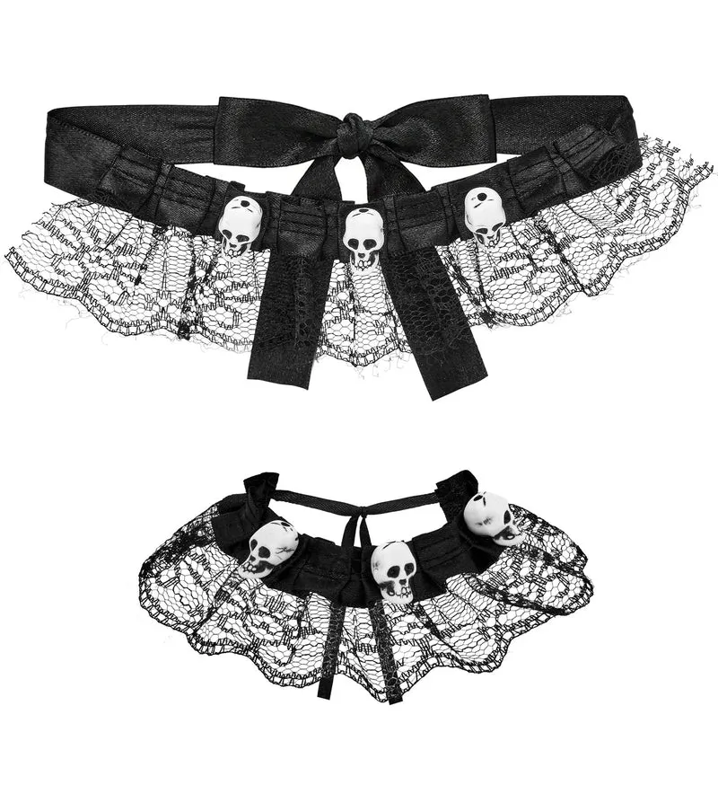 Choker en armband met schedels zwart kant voor dames